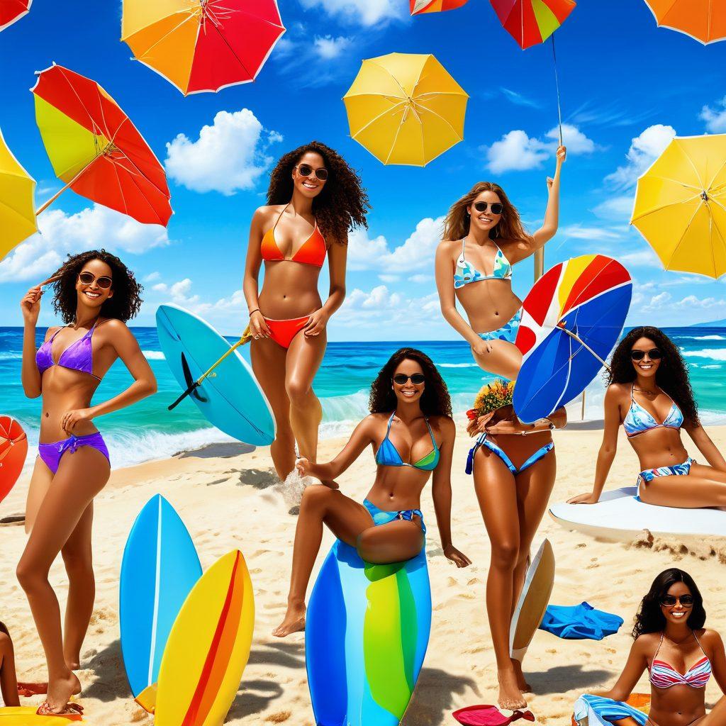 A vibrant beach setting featuring diverse models wearing daring and stylish bikinis, sunbathing and enjoying the waves. The scene includes colorful beach umbrellas, surfboards, and a bright sunny sky filled with fluffy clouds, emphasizing the joy of summer. Capture the essence of summer fun and freedom in the air. super-realistic. vibrant colors. sunny atmosphere.
